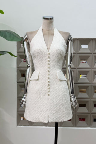 Halter Neck Textured Mini Dress with Pearl Button Detail