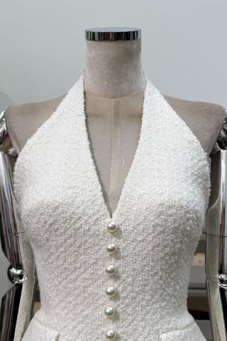 Halter Neck Textured Mini Dress with Pearl Button Detail