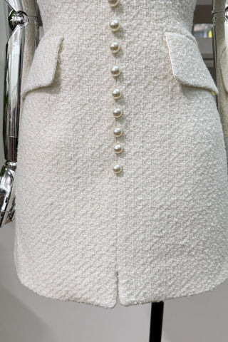 Halter Neck Textured Mini Dress with Pearl Button Detail