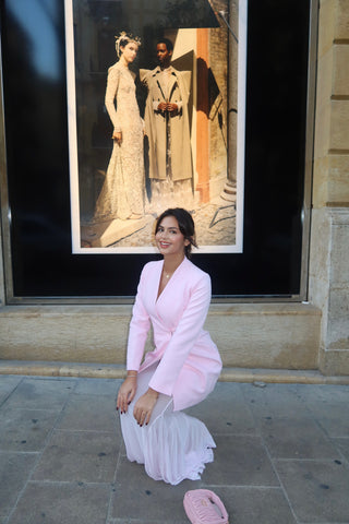 Long-Sleeve Structured Crepe Blazer & Pleated Mesh Skirt Set – Tailored Design