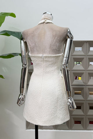 Halter Neck Textured Mini Dress with Pearl Button Detail