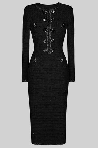 Embellished Tweed Long Sleeve Midi Dress with Jewel Buttons