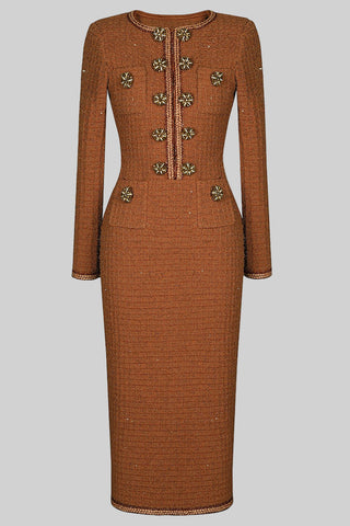 Embellished Tweed Long Sleeve Midi Dress with Jewel Buttons