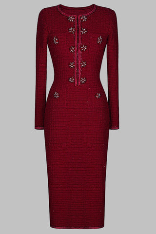 Embellished Tweed Long Sleeve Midi Dress with Jewel Buttons