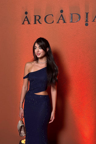 Luxe One-Shoulder Long Mesh Crystal Dress