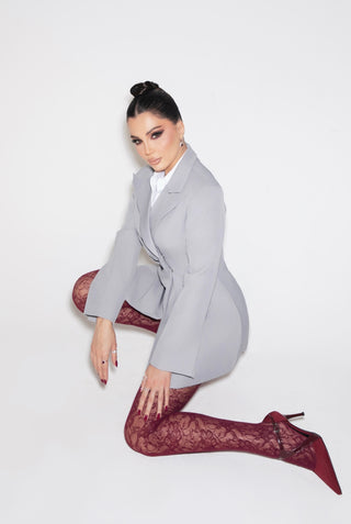Long Sleeve Draped Pleated Blazer Dress with V-Neck Lapel