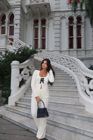 Elegant Bow Cardigan & Flared Pants Set