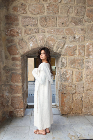 Knitted Maxi Dress and Long Hooded Cardigan Set with Fringe Trim