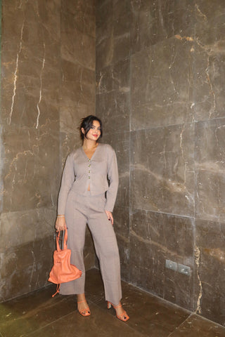 Ribbed Knit V-Neck Cardigan & Wide-Leg Pants Lounge Set – Soft Stretch Knit, Long Sleeves, Relaxed Fit