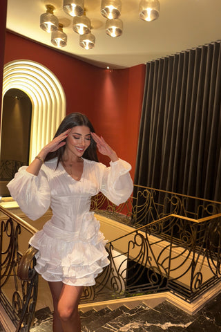 V-Neck Puff Long Sleeve Mini Dress with Corset Waist and Ruffle Skirt