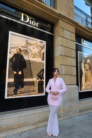 Long-Sleeve Structured Crepe Blazer & Pleated Mesh Skirt Set – Tailored Design