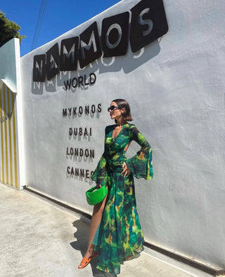 Jenifer Long Sleeve Backless Chiffon Green Floral Long Dress