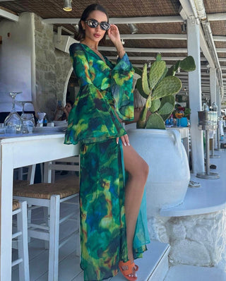 Jenifer Long Sleeve Backless Chiffon Green Floral Long Dress