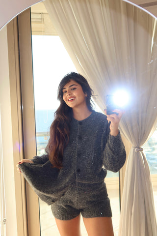 Wool Knit Lounge Set with Sequin Shine – Cardigan and Shorts