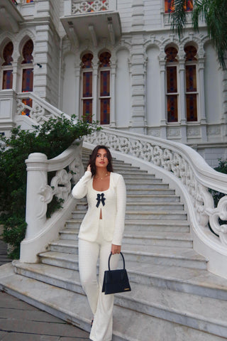 Elegant Bow Cardigan & Flared Pants Set