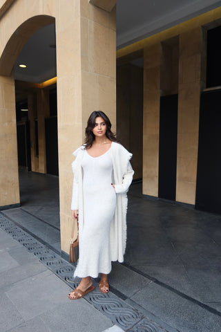 Knitted Maxi Dress and Long Hooded Cardigan Set with Fringe Trim