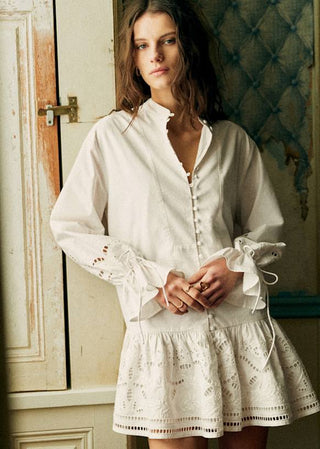 Embroidered Tie-Waist Ruffle Long Sleeve Mini Dress