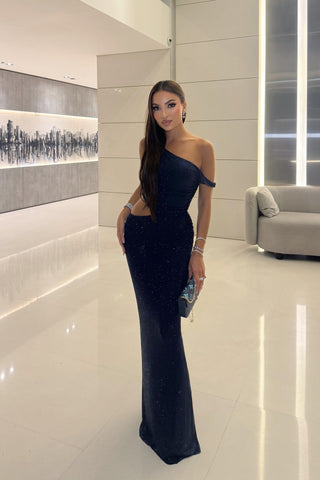 Luxe One-Shoulder Long Mesh Crystal Dress