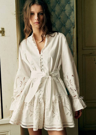 Embroidered Tie-Waist Ruffle Long Sleeve Mini Dress
