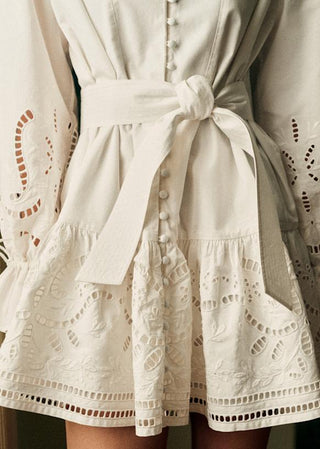 Embroidered Tie-Waist Ruffle Long Sleeve Mini Dress