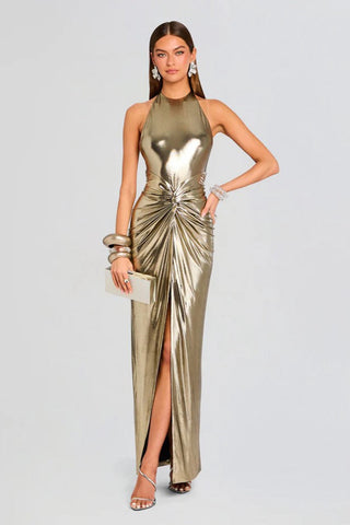 Metallic Halter Neck Sleeveless Long Dress with Twist Knot and Backless Design