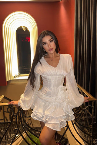 V-Neck Puff Long Sleeve Mini Dress with Corset Waist and Ruffle Skirt