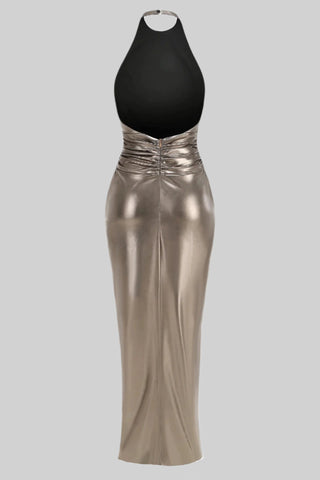 Metallic Halter Neck Sleeveless Long Dress with Twist Knot and Backless Design