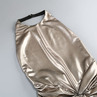 Metallic Halter Neck Sleeveless Long Dress with Twist Knot and Backless Design