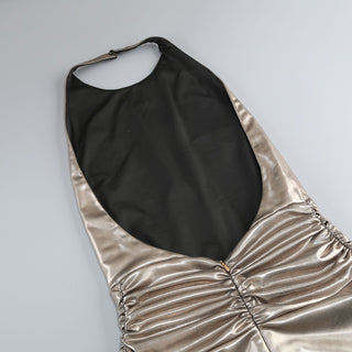 Metallic Halter Neck Sleeveless Long Dress with Twist Knot and Backless Design