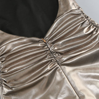 Metallic Halter Neck Sleeveless Long Dress with Twist Knot and Backless Design