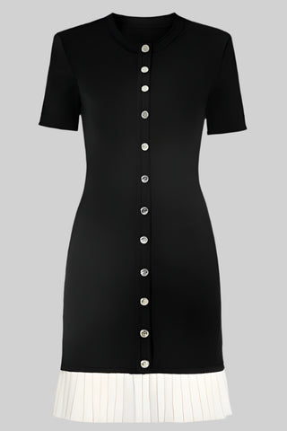 Pleated Hem Button-Down Knit Mini Dress – Short Sleeve