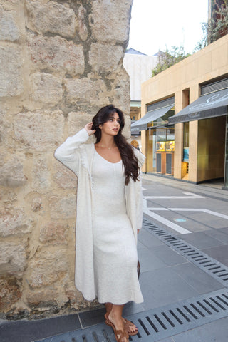 Knitted Maxi Dress and Long Hooded Cardigan Set with Fringe Trim