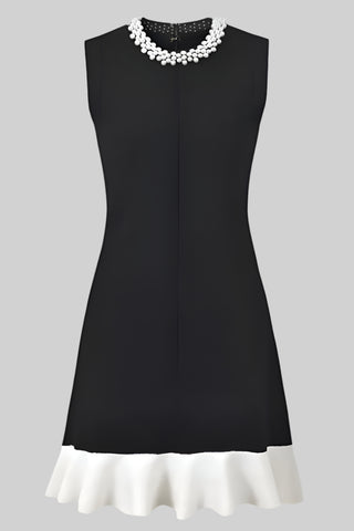 Sleeveless Black Mini Dress with Pearl Neckline and Ruffle Hem