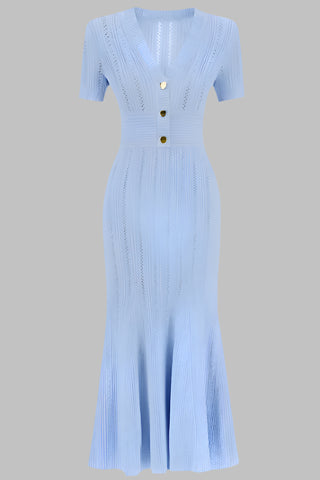 V-Neck Short Sleeve Knit Midi Dress with Buttons and Flared Hem