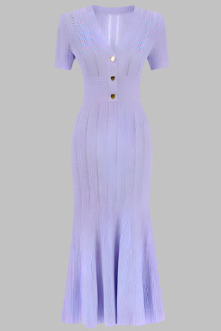 V-Neck Short Sleeve Knit Midi Dress with Buttons and Flared Hem Nevo V-Neck Short Sleeve Knit Midi Dress with Buttons and Flared Hem Nevo
