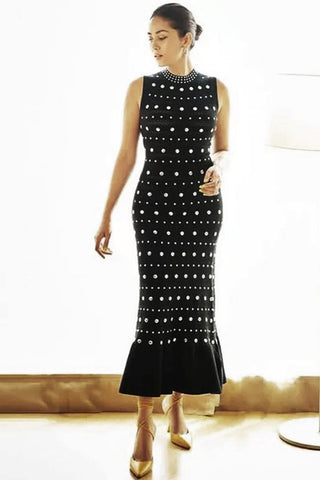 Sleeveless Knit Stud Metal Midi Dress with Ruffled Hem