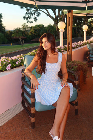 Light Blue and White Patterned Knitted Sleeveless Mini Dress with Square Neckline