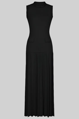 Sleeveless Knit Long Dress with Pearl Trim and Pleated Skirt