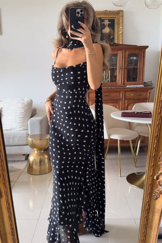 Polka Dot Ruffle Hem Long  Dress with Scarf Detail