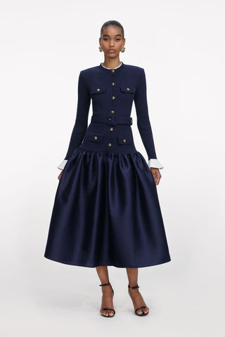 Long-Sleeve Knit Top With Belted Waist & Satin Maxi Skirt Design
