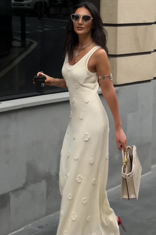 Crochet Blossom Scallop-Trim Back-Tie Long Knit Dress