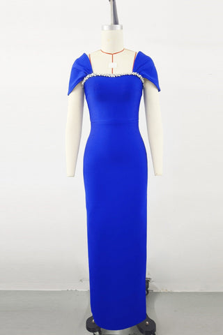 Fitted Bandage Long Dress with Cape Sleeves and Rhinestone Detail