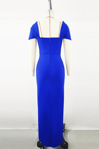 Fitted Bandage Long Dress with Cape Sleeves and Rhinestone Detail