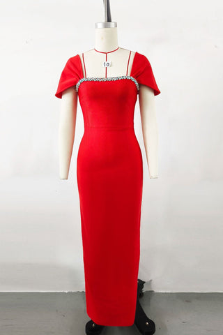 Fitted Bandage Long Dress with Cape Sleeves and Rhinestone Detail