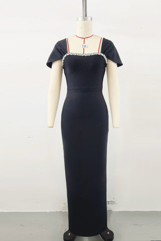Fitted Bandage Long Dress with Cape Sleeves and Rhinestone Detail