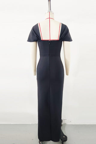 Fitted Bandage Long Dress with Cape Sleeves and Rhinestone Detail