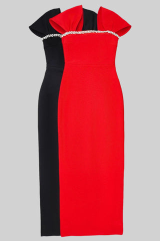 Fitted Bandage Long Dress with Cape Sleeves and Rhinestone Detail