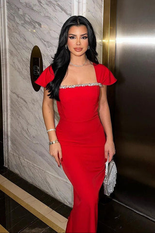 Fitted Bandage Long Dress with Cape Sleeves and Rhinestone Detail