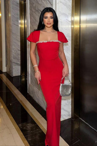 Fitted Bandage Long Dress with Cape Sleeves and Rhinestone Detail