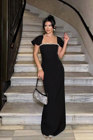 Fitted Bandage Long Dress with Cape Sleeves and Rhinestone Detail